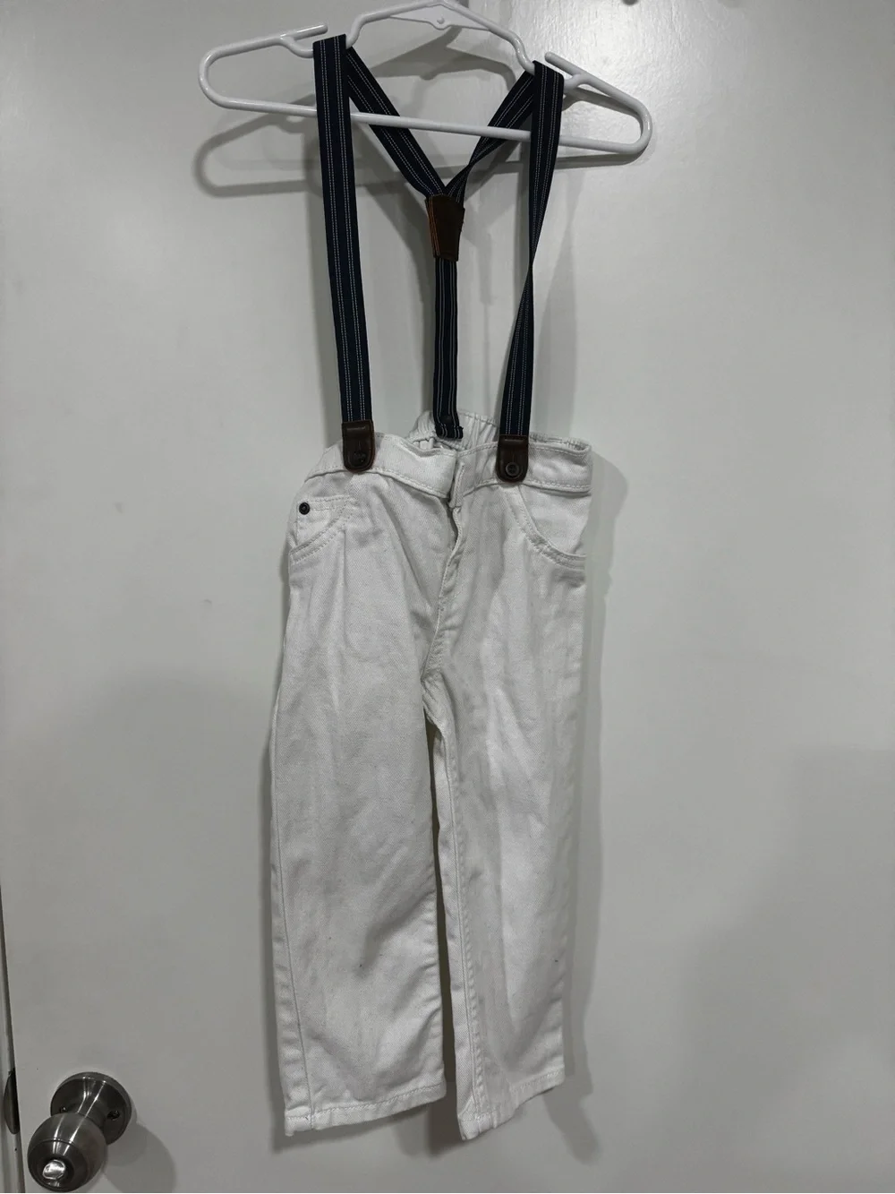 Carters Toddler Boy White Kids Pants with Navy Striped Suspenders 24M